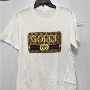 White Tee with Gold and Brown Graphic inspired by design